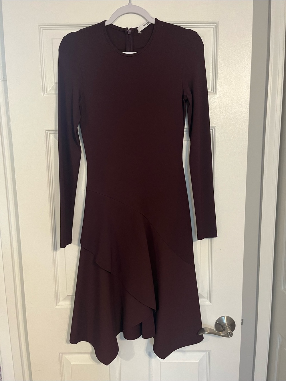 Givenchy Long-Sleeve Asymmetric Ruffled Hem Dress in Deep Wine